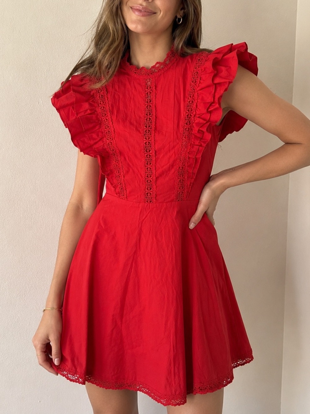 PrettyLittleThing Red Lace-Trim Ruffle Mini Dress